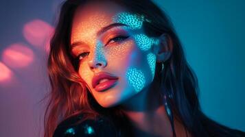 A fashionable woman posing in ambient light, with soft, multicolor highlights creating a playful and artistic pattern on her face photo
