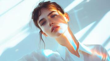A fashionable woman in a minimalist setting, with delicate multicolor highlights adding a futuristic touch to her otherwise classic look photo