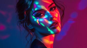 A fashionable woman posing in ambient light, with soft, multicolor highlights creating a playful and artistic pattern on her face photo