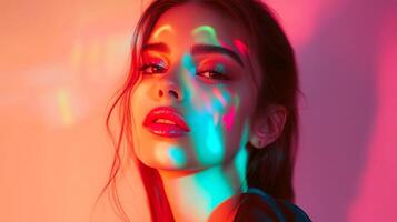 A fashionable woman posing in ambient light, with soft, multicolor highlights creating a playful and artistic pattern on her face photo