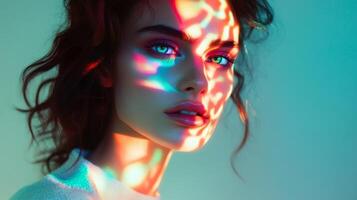 A fashionable woman posing in ambient light, with soft, multicolor highlights creating a playful and artistic pattern on her face photo
