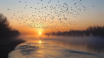 A large group of birds flying over a wide river at dawn, with mist rising from the water photo