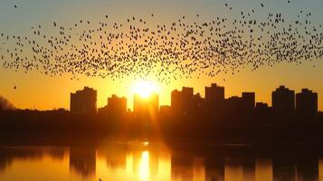 A massive flock of birds migrating over an urban skyline, silhouetted against the setting sun photo