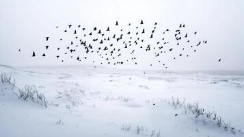 Birds in migration passing over a snowy tundra, their black shapes contrasting with the white landscape photo