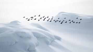 Birds in migration passing over a snowy tundra, their black shapes contrasting with the white landscape photo