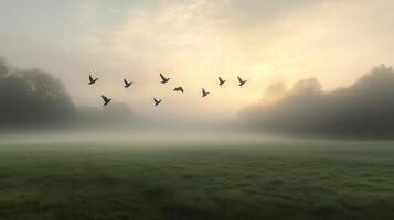 Migrating birds flying over a foggy field, with soft light breaking through the mist photo