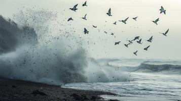 Migrating birds flying over a coastal landscape, with waves crashing against the shore in the background photo