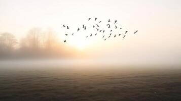 Migrating birds flying over a foggy field, with soft light breaking through the mist photo