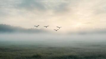 Migrating birds flying over a foggy field, with soft light breaking through the mist photo