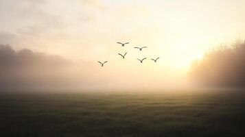 Migrating birds flying over a foggy field, with soft light breaking through the mist photo