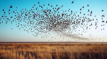 A dense flock of birds flying over an open savannah landscape during their migration journey photo