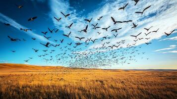 A dense flock of birds flying over an open savannah landscape during their migration journey photo