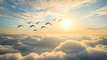 A flock of birds flying above the clouds, with the sun peeking through and illuminating their wings photo