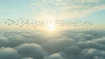 A flock of birds flying above the clouds, with the sun peeking through and illuminating their wings photo