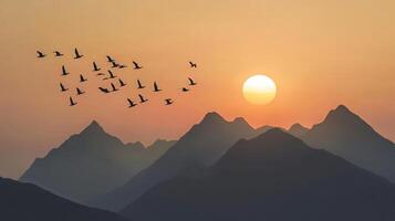 A flock of birds flying over a mountain range, silhouetted against the rising sun photo