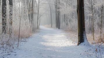 A peaceful forest trail covered in fresh snow, with bare tree branches gently dusted in frost photo