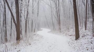 A peaceful forest trail covered in fresh snow, with bare tree branches gently dusted in frost photo