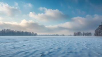 A quiet, snow-covered field with a distant line of trees and soft clouds rolling across the sky photo