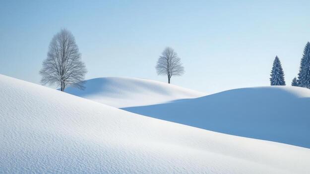 A rolling hillside blanketed in snow, with a few scattered trees standing tall against the clear winter sky photo