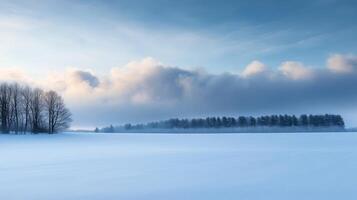 A quiet, snow-covered field with a distant line of trees and soft clouds rolling across the sky photo