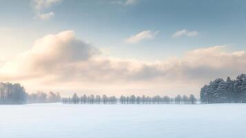 A quiet, snow-covered field with a distant line of trees and soft clouds rolling across the sky photo
