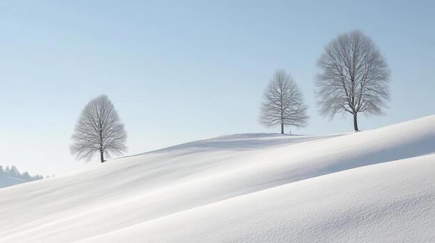 A rolling hillside blanketed in snow, with a few scattered trees standing tall against the clear winter sky photo