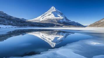 A snow-capped mountain reflecting in a partially frozen lake, with clear skies and crisp winter air photo