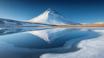 A snow-capped mountain reflecting in a partially frozen lake, with clear skies and crisp winter air photo