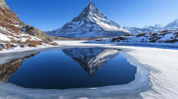 A snow-capped mountain reflecting in a partially frozen lake, with clear skies and crisp winter air photo