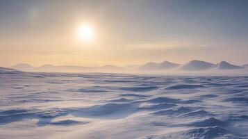 A vast, open tundra under a pale winter sun, with snowdrifts and distant mountain ranges in the background photo