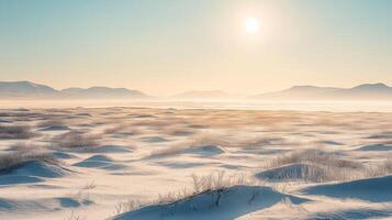 A vast, open tundra under a pale winter sun, with snowdrifts and distant mountain ranges in the background photo