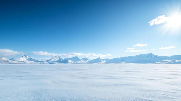 A wide, snow-covered plain stretching into the horizon, with distant mountains under a bright, cloudless winter sky photo