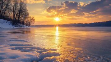 A winter sunset over a frozen lake, with warm golden light reflecting on the snow and ice photo