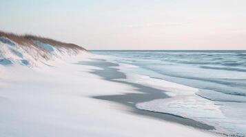 A calm winter beach with snow on the dunes and icy waves lapping at the shore, under a pale blue sky photo