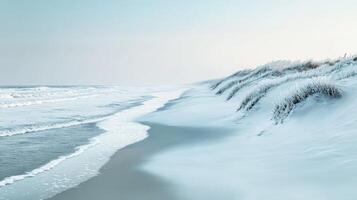 A calm winter beach with snow on the dunes and icy waves lapping at the shore, under a pale blue sky photo