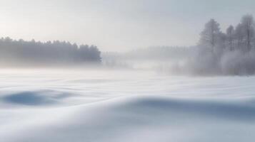 A foggy winter landscape with snow-covered fields and a distant forest barely visible through the mist photo