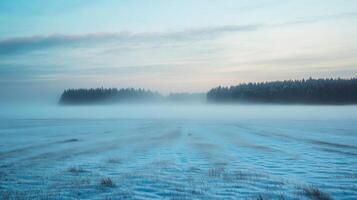 A foggy winter landscape with snow-covered fields and a distant forest barely visible through the mist photo