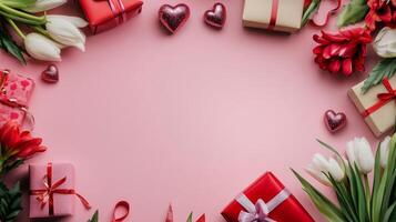 Flat lay of Valentine's gifts and flowers along the edges of a pink table, creating a balanced composition with blank space photo