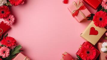 Flat lay of Valentine's gifts and flowers along the edges of a pink table, creating a balanced composition with blank space photo