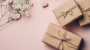 Flat lay of wrapped presents and delicate flowers on a pastel pink surface, creating a romantic Valentine's Day atmosphere photo