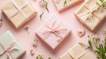 Flat lay of wrapped presents and delicate flowers on a pastel pink surface, creating a romantic Valentine's Day atmosphere photo