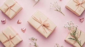Flat lay of wrapped presents and delicate flowers on a pastel pink surface, creating a romantic Valentine's Day atmosphere photo