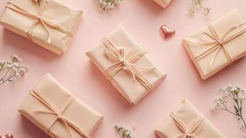 Flat lay of wrapped presents and delicate flowers on a pastel pink surface, creating a romantic Valentine's Day atmosphere photo