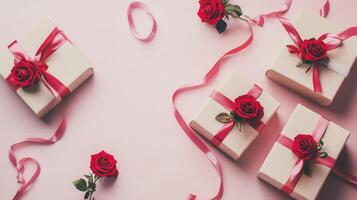 Gift boxes with ribbons and roses scattered on a light pink surface, with plenty of open space for text photo