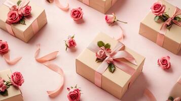 Gift boxes with ribbons and roses scattered on a light pink surface, with plenty of open space for text photo