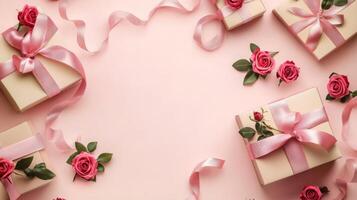 Gift boxes with ribbons and roses scattered on a light pink surface, with plenty of open space for text photo