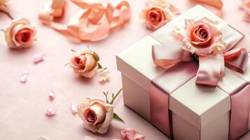 Gift boxes with ribbons and roses scattered on a light pink surface, with plenty of open space for text photo