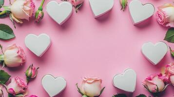 Heart-shaped boxes and pink roses laid out beautifully on a pink background, leaving a large area for text in the center photo