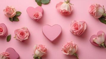 Heart-shaped boxes and pink roses laid out beautifully on a pink background, leaving a large area for text in the center photo