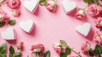 Heart-shaped boxes and pink roses laid out beautifully on a pink background, leaving a large area for text in the center photo